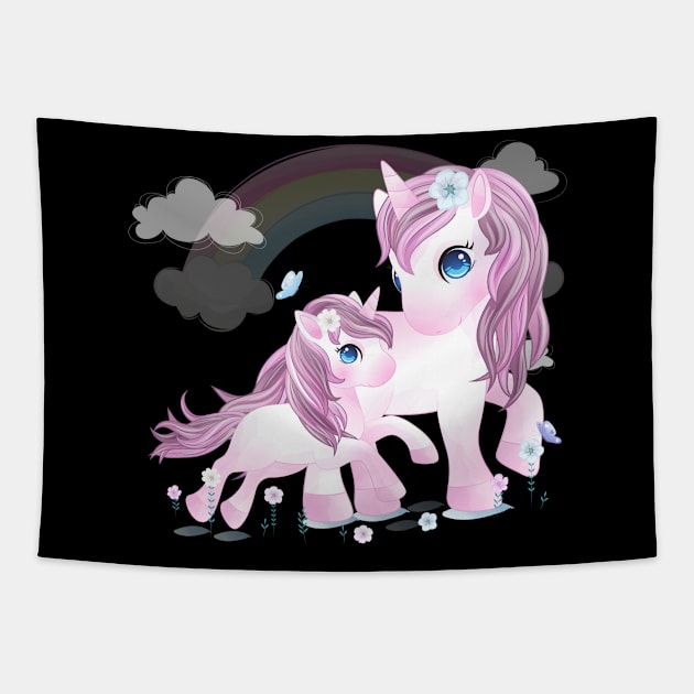 hand drawn cute unicorn mother daughter tshirt Tapestry by Tshirt lover 1