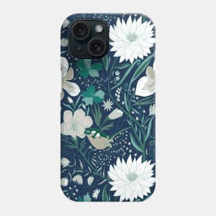 Floral garden with bird navy blue, green and neutral Phone Case