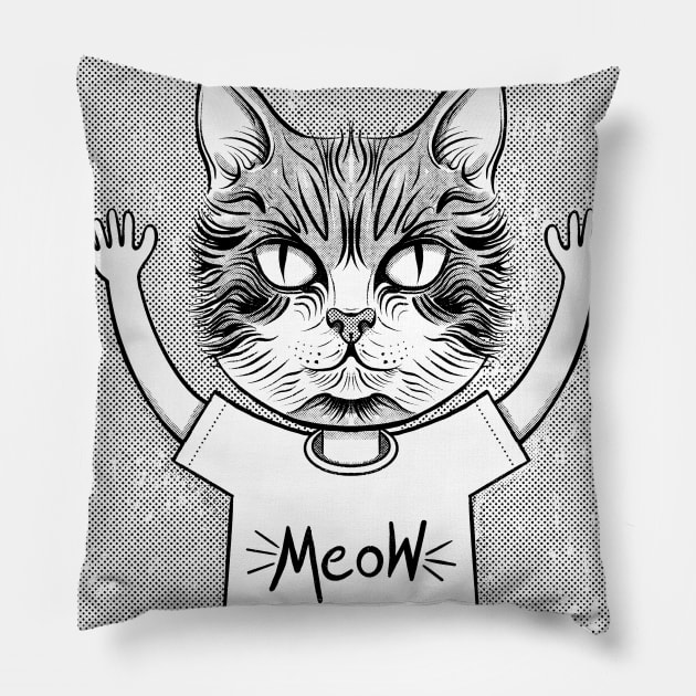 Surreal Meow Cat Head Black Ink Pillow by RGB Ginger