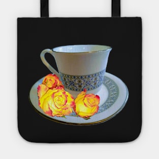 Fancy a cup of tea ? - saying with teacup, saucer and yellow roses with red tips Tote