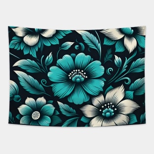 Turquoise Floral Illustration Tapestry