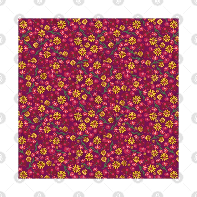 Scattered yellow and pink flowers on a purple background. by Sandra Hutter Designs