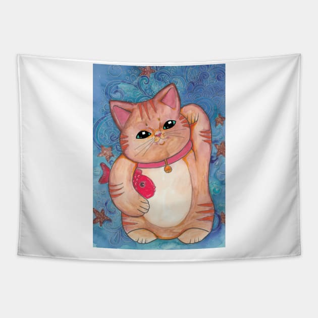 Orange Tabby Lucky Cat Tapestry by JenStedman73