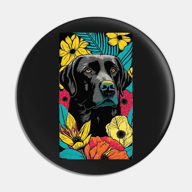 Black Labrador Retriever Dog Vibrant Tropical Flower Tall Retro Vintage Digital Pop Art Portrait Pin by ArtHouseFlunky