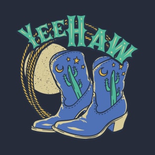 YeeHaw - These Boots Were Made for Walking | Blue Cowboy Boots Desert Night Moon T-Shirt