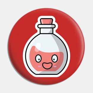 Potion Bottle with Cartoon Character Sticker vector illustration. Science object icon concept. Handsome cartoon with Potion sticker vector design. Cartoon character drink design. Pin