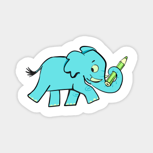 blue elephant on a walk carries a green pencil in its trunk Magnet