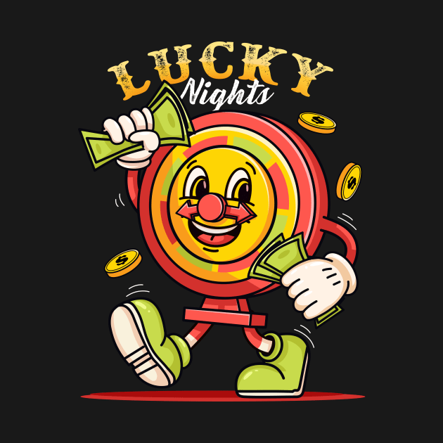 Lucky night. Gambling machine mascot character carrying money by Vyndesign