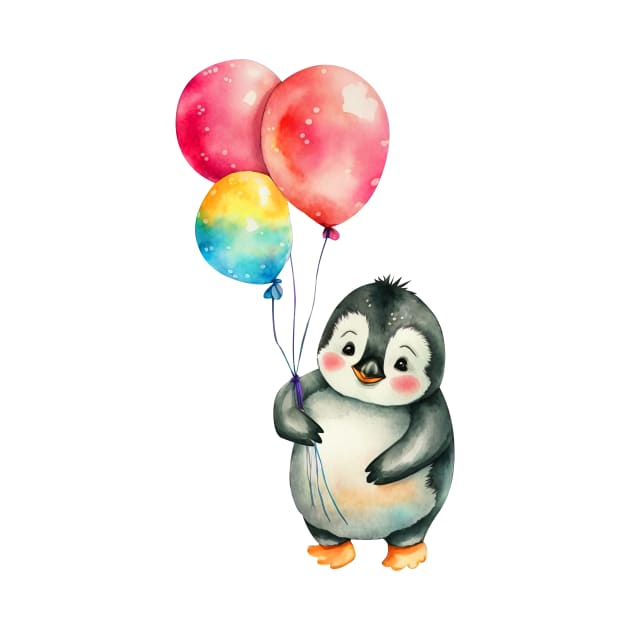 baby penguin holds balloon by abbeheimkatt