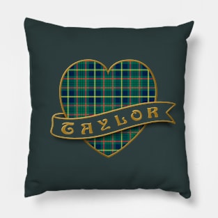 The TAYLOR Family Tartan Heart & Ribbon Retro-Style Insignia Design Pillow