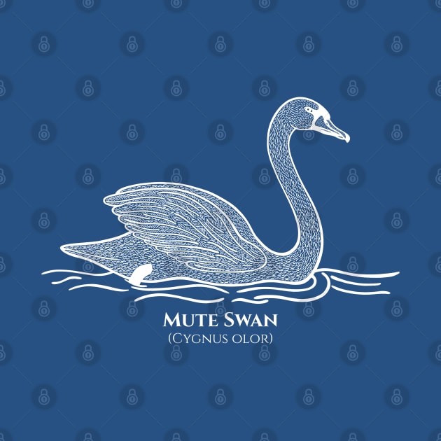 Mute Swan with Common and Latin Names - hand drawn bird design on navy blue by Green Paladin