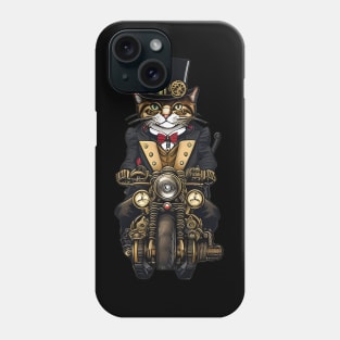 Cool Steampunk Feline in Top Hat and Gear Riding Motorcycle Phone Case