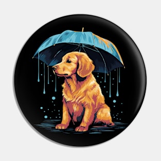 Golden Retriever Rainy Day With Umbrella Pin