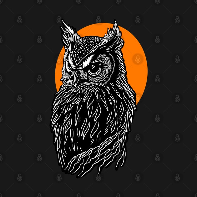 White Owl design in front of orange full moon. by DaveDanchuk