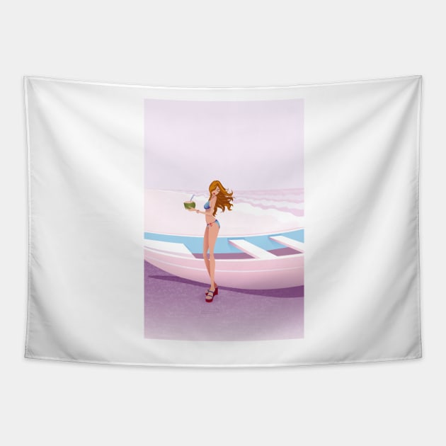 Bikini girl at pink beach Tapestry by LEGADOVISUAL