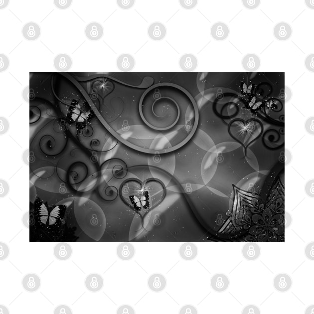 Hearts Twinkling, Vines Creeping, Butterflies Flying, Bubbles Floating , Flowers & Leaves in a Fantasy World of Black & White by karenmcfarland13