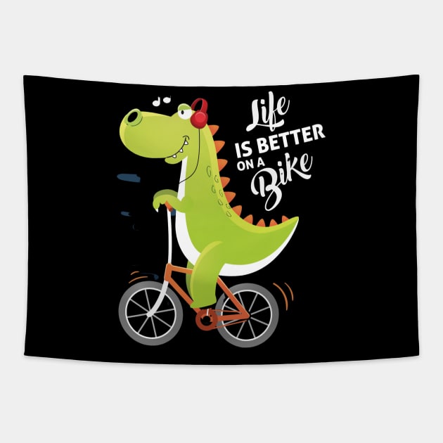 dinosaur on a bicycle Tapestry by drydenshops