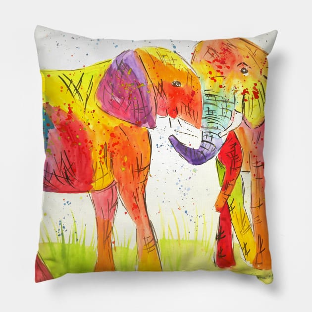 Colourful Elephants in Love Pillow by Casimirasquirkyart