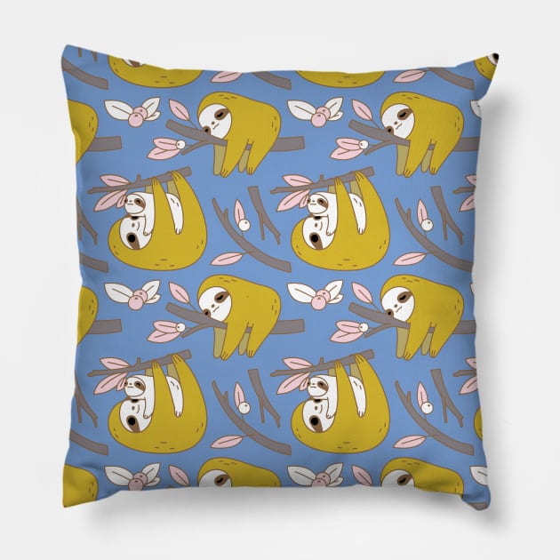 Mom and Baby Sloth Pattern in Blue Pillow by Noristudio