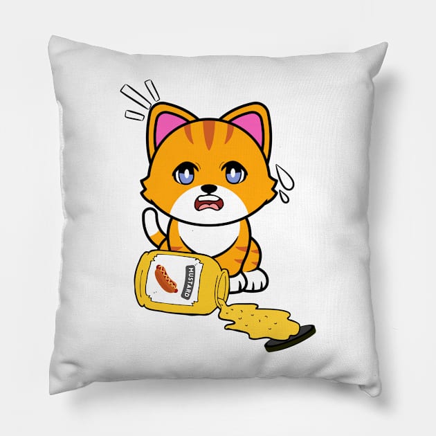 Funny orange cat spilled a jar of mustard Pillow by Pet Station