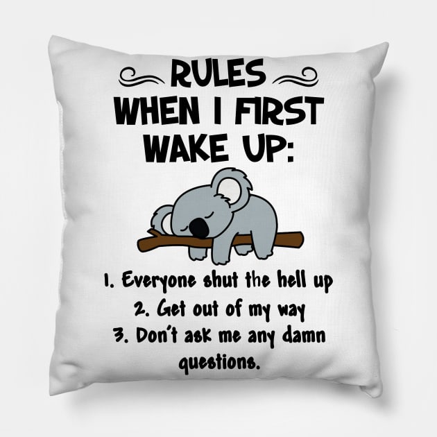 RULES WHEN I  FIRST WAKE UP Pillow by JeanettVeal