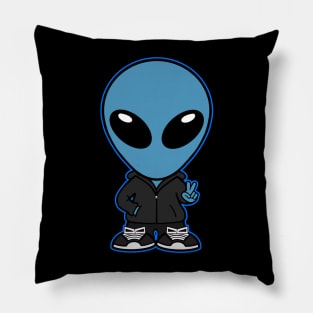 Space Alien Extraterrestrial Peace Hand Sign (Blue) Pillow