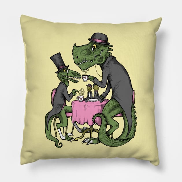 Jurassic Tea Party Pillow by inkninja