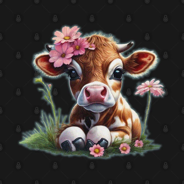 cute cow with flowers by JnS Merch Store