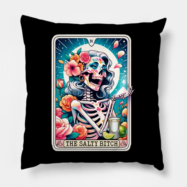 Salty Bitch Funny Tarot Card Tequila Baddie Pillow by Visual Vibes