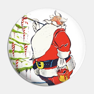 Santa Claus Painting the ice stalactites of the Christmas Pine Retro Vintage Comic Cartoon Pin