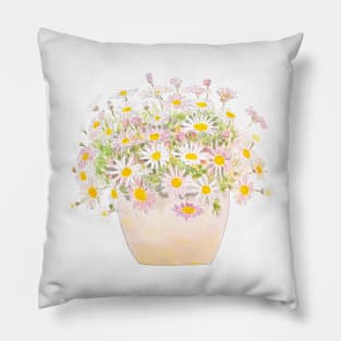 white and pink daisies in pot watercolor Pillow