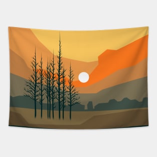 Stunning sunset behind trees in orange bright colors, minimalism style. Tapestry