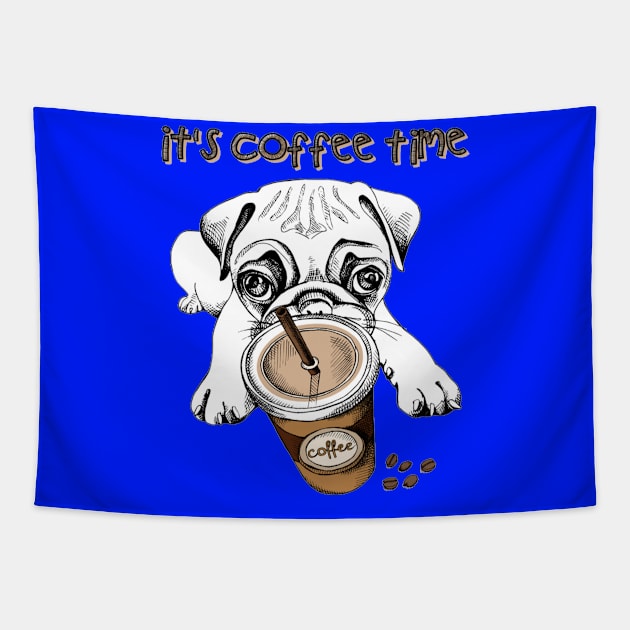 Pug puppy with a plastic cup of coffee Tapestry by amramna