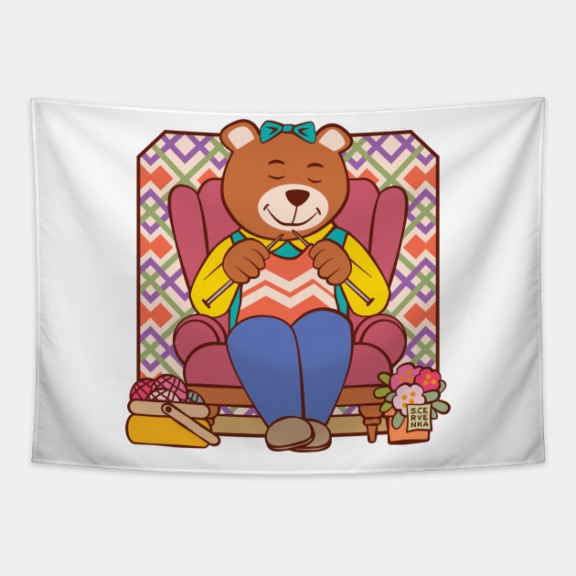 Bear Knitting in Chair Tapestry by Sue Cervenka