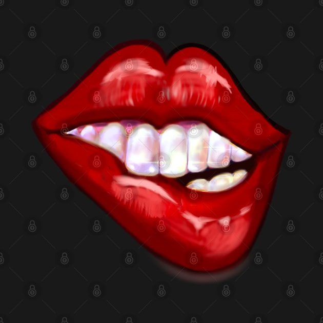 Love Lipstick kisses Kiss Smiling red lips white teeth biting shiny lower lip Valentines day by Artonmytee