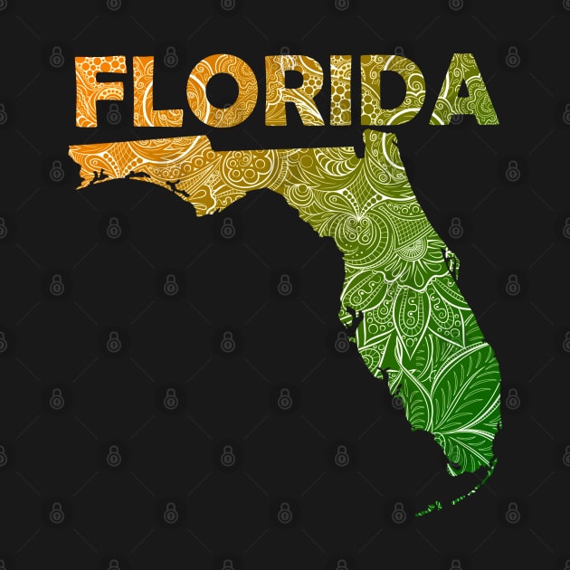 Colorful mandala art map of Florida with text in green and orange by Happy Citizen