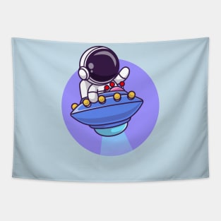 Cute Astronaut Riding Ufo Cartoon Tapestry