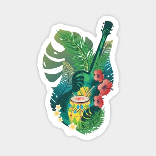 Retro guitar with drum and tropical leaves Magnet