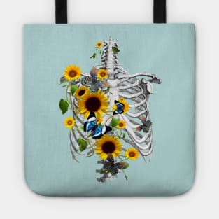 Botanical human skeleton art, Rib cage and flowers, sunflowers and butterflies ribcage Tote