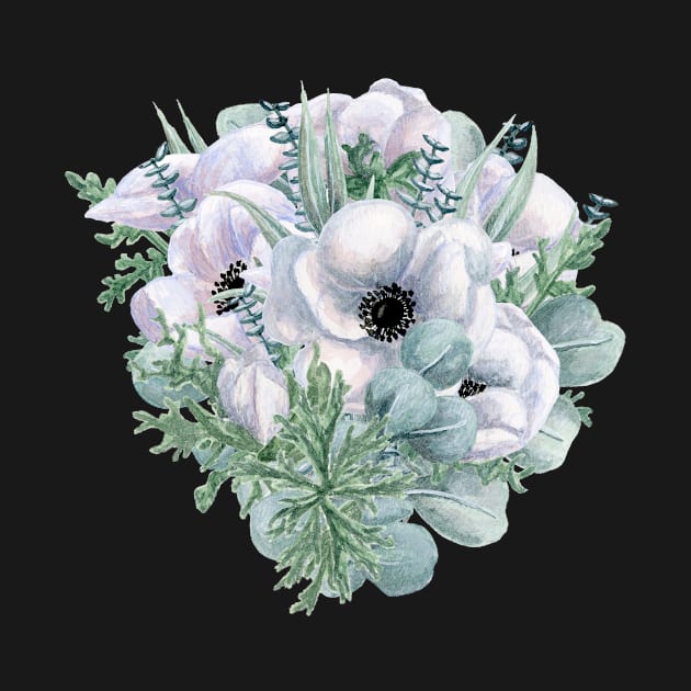 Watercolor Anemone and Eucalyptus Bouquet by paintedpansy