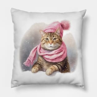 Adorable cute Cat wearing a pink hat and scarf Pillow