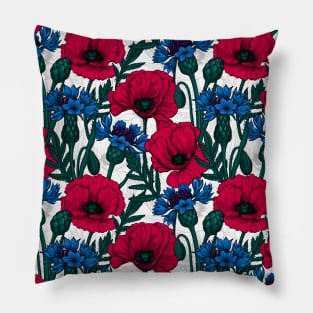 Red poppies and blue cornflowers on white Pillow