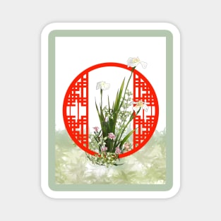 Watercolor irises with a red zen circle lattice Magnet