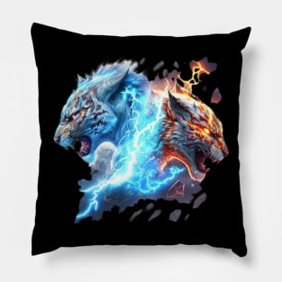 Elemental lightning tigers fire and ice battle Pillow