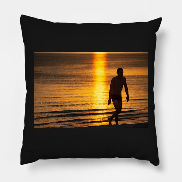 Silhouette of man in the golden light at St KIlda Beach, Melbourne. Pillow by sma1050