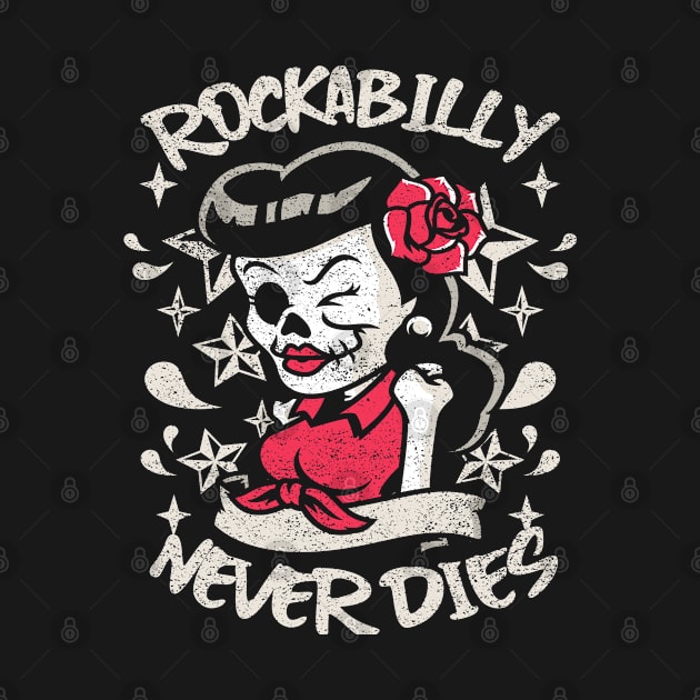 Vintage Rockabilly Never Dies Skull Red Rose by Sassee Designs