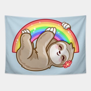 Cute sloth hanging on a rainbow Tapestry