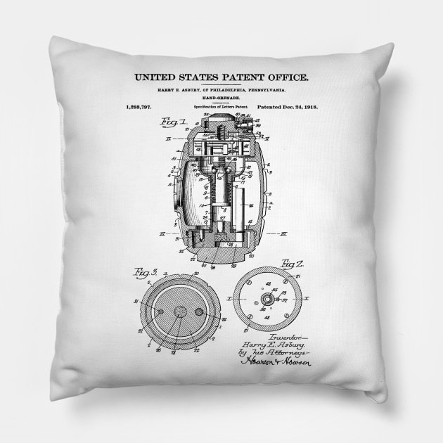 Hand Grenade Patent Black Pillow by Luve