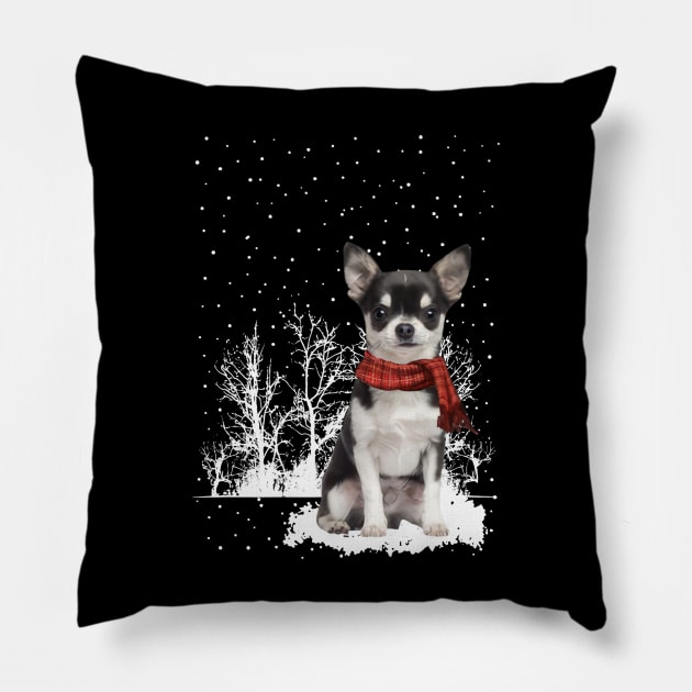 Christmas Chihuahua With Scarf In Winter Forest Pillow by TATTOO project