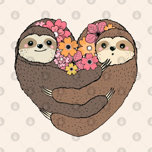 Sloths hugs, lovers couple cute, pink  flowers by Collagedream